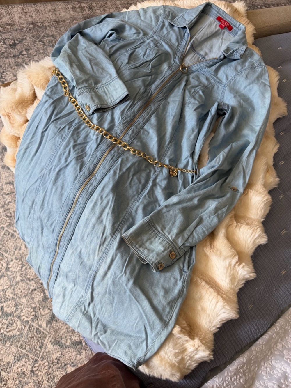 Light Wash light weight Denim shirt Dress with Gold Chain Belt